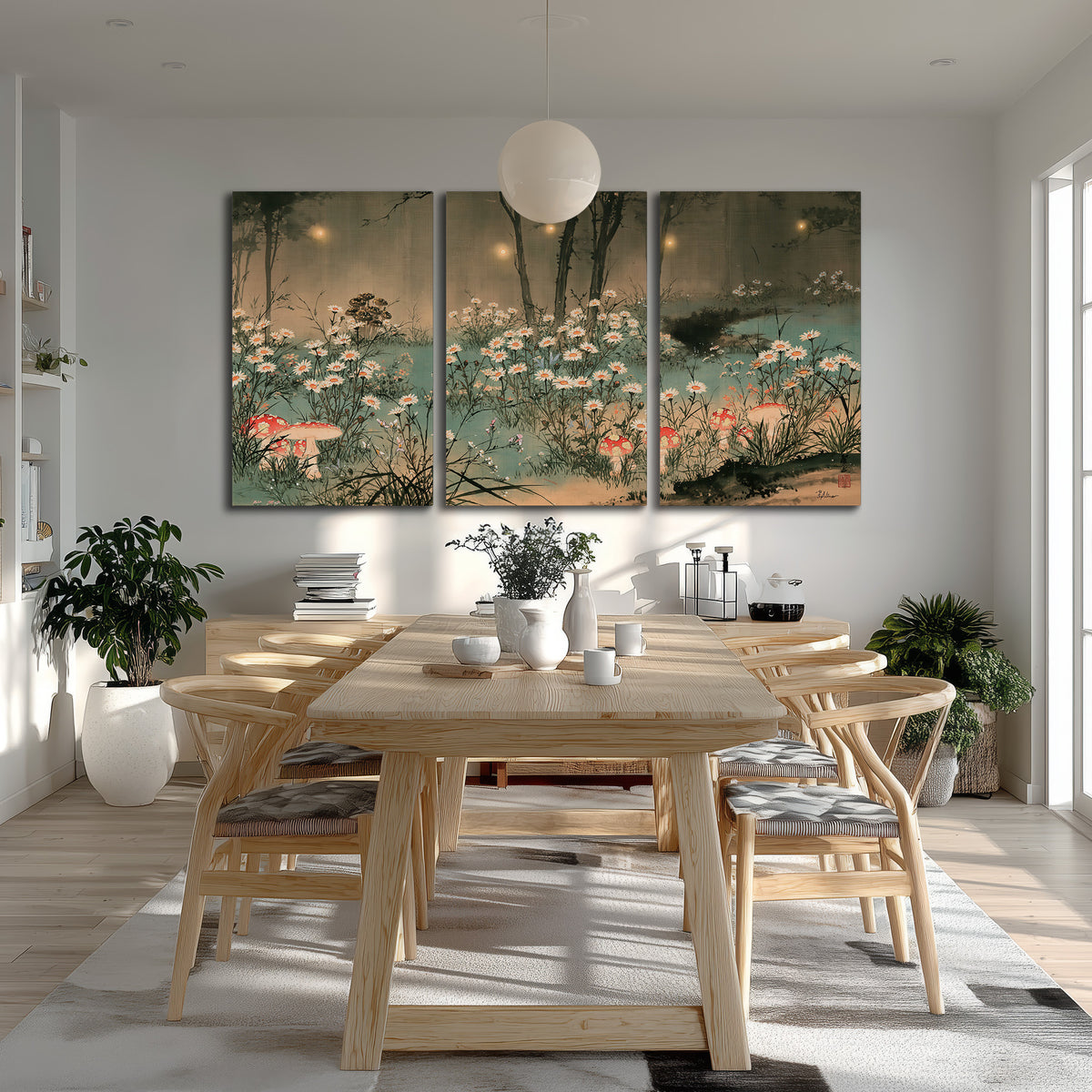 A wide meadow of white daisies and small red mushrooms beneath dark woodland trees 3 piece canvas wall art room and product view
