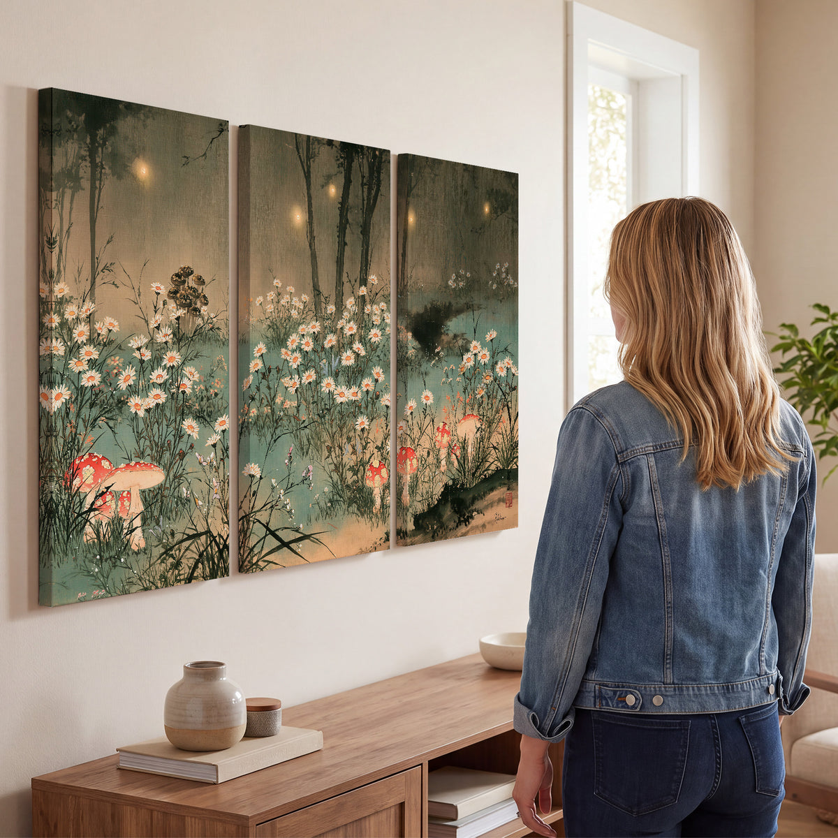 A wide meadow of white daisies and small red mushrooms beneath dark woodland trees 3 piece canvas wall art three panel arrangement on a wall