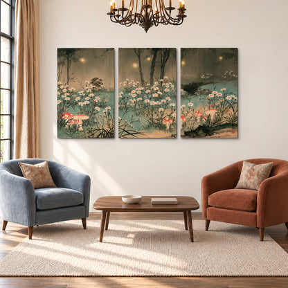 A wide meadow of white daisies and small red mushrooms beneath dark woodland trees 3 piece canvas wall art styled in an interior