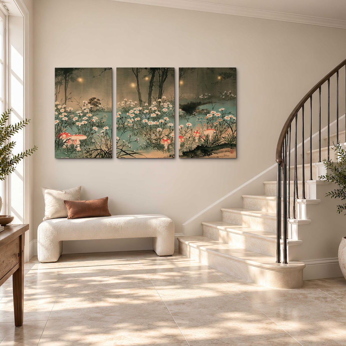 A wide meadow of white daisies and small red mushrooms beneath dark woodland trees 3 piece canvas wall art styled in an interior
