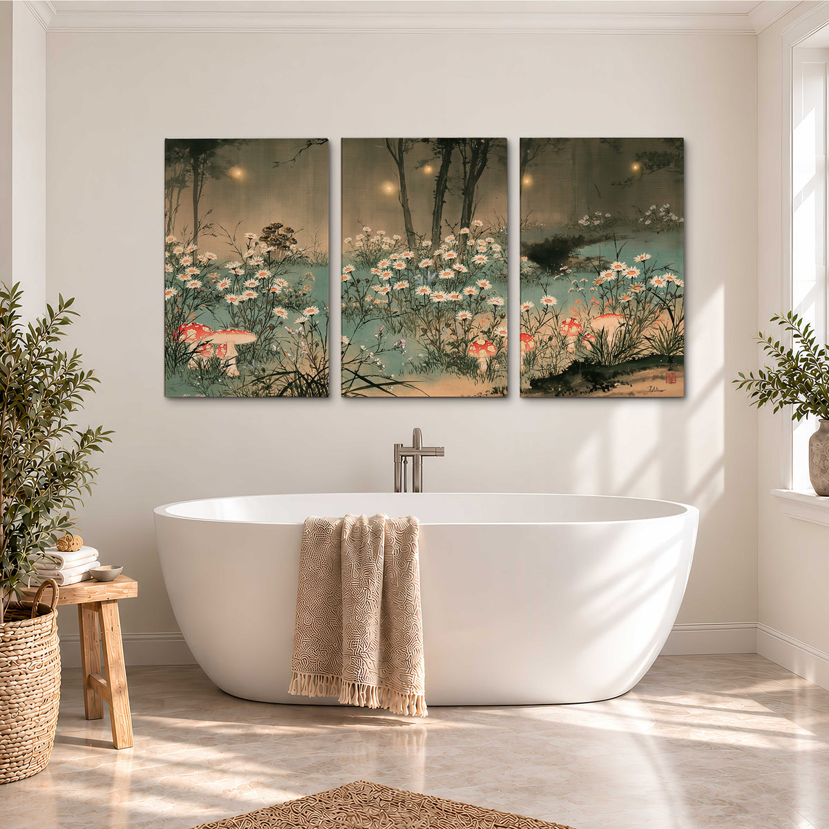 A wide meadow of white daisies and small red mushrooms beneath dark woodland trees 3 piece canvas wall art styled in an interior
