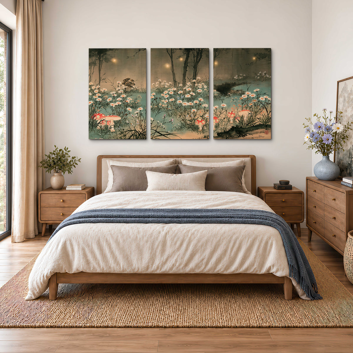 A wide meadow of white daisies and small red mushrooms beneath dark woodland trees 3 piece canvas wall art styled in an interior