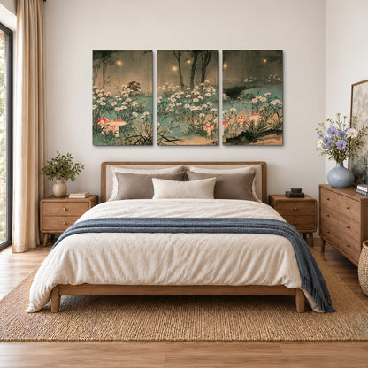 A wide meadow of white daisies and small red mushrooms beneath dark woodland trees 3 piece canvas wall art styled in an interior