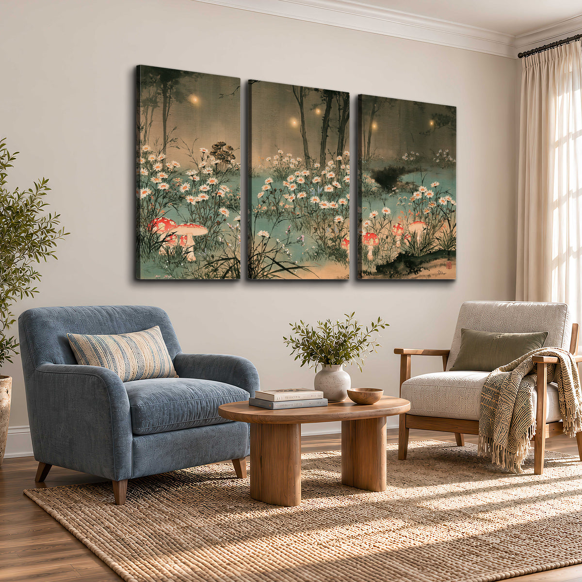 A wide meadow of white daisies and small red mushrooms beneath dark woodland trees 3 piece canvas wall art styled in an interior