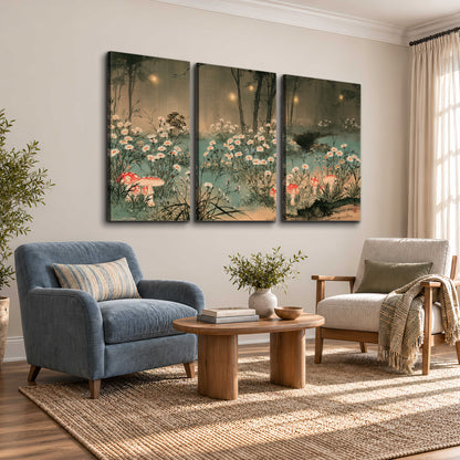 A wide meadow of white daisies and small red mushrooms beneath dark woodland trees 3 piece canvas wall art styled in an interior