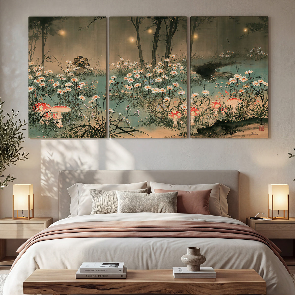 A wide meadow of white daisies and small red mushrooms beneath dark woodland trees 3 piece canvas wall art displayed in a bedroom