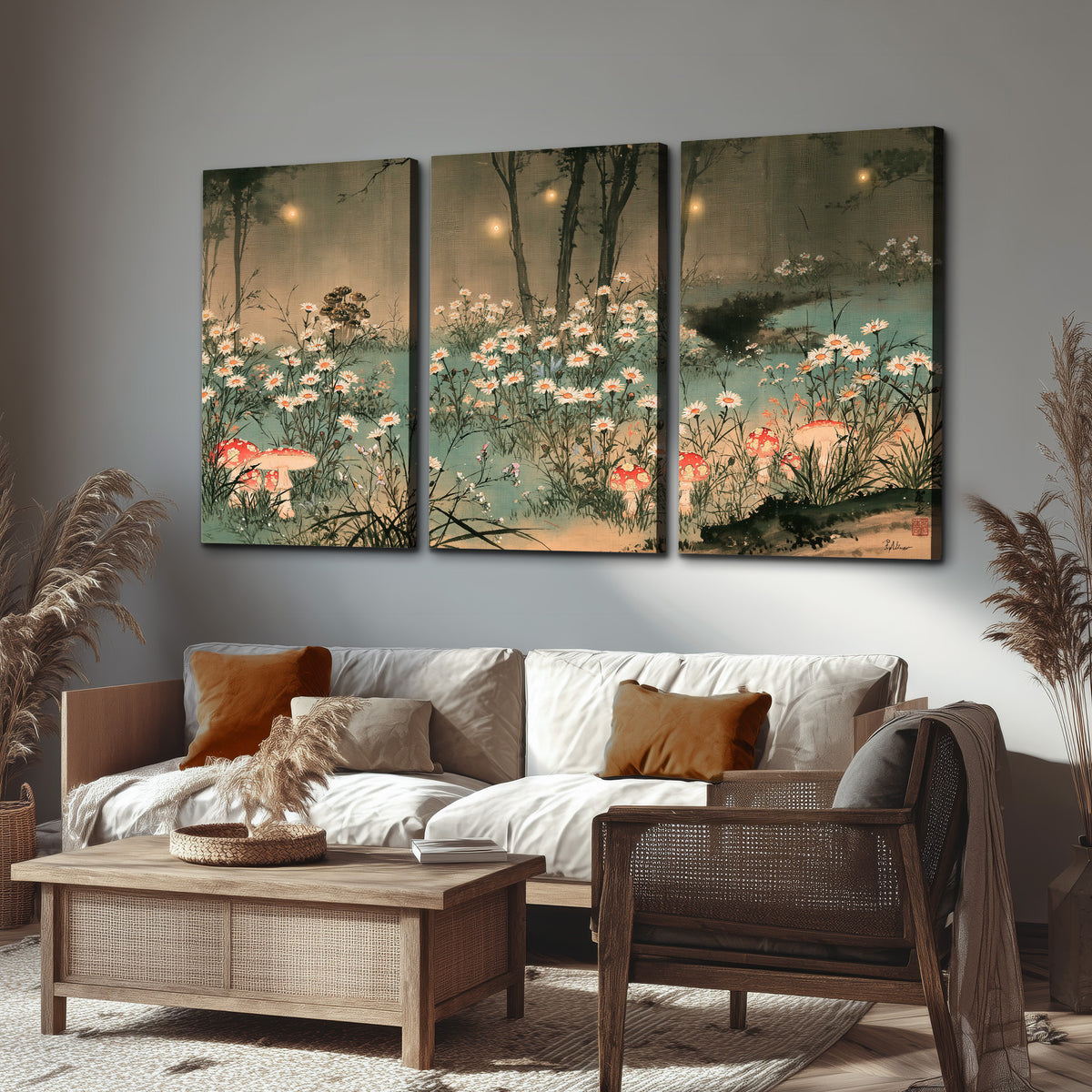 A wide meadow of white daisies and small red mushrooms beneath dark woodland trees 3 piece canvas wall art displayed in a rustic living room