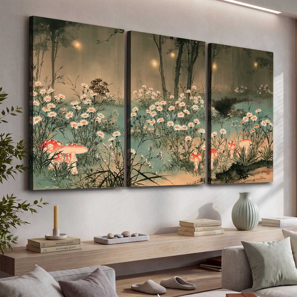 A wide meadow of white daisies and small red mushrooms beneath dark woodland trees 3 piece canvas wall art displayed in a console