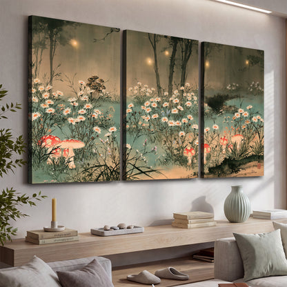 A wide meadow of white daisies and small red mushrooms beneath dark woodland trees 3 piece canvas wall art displayed in a console