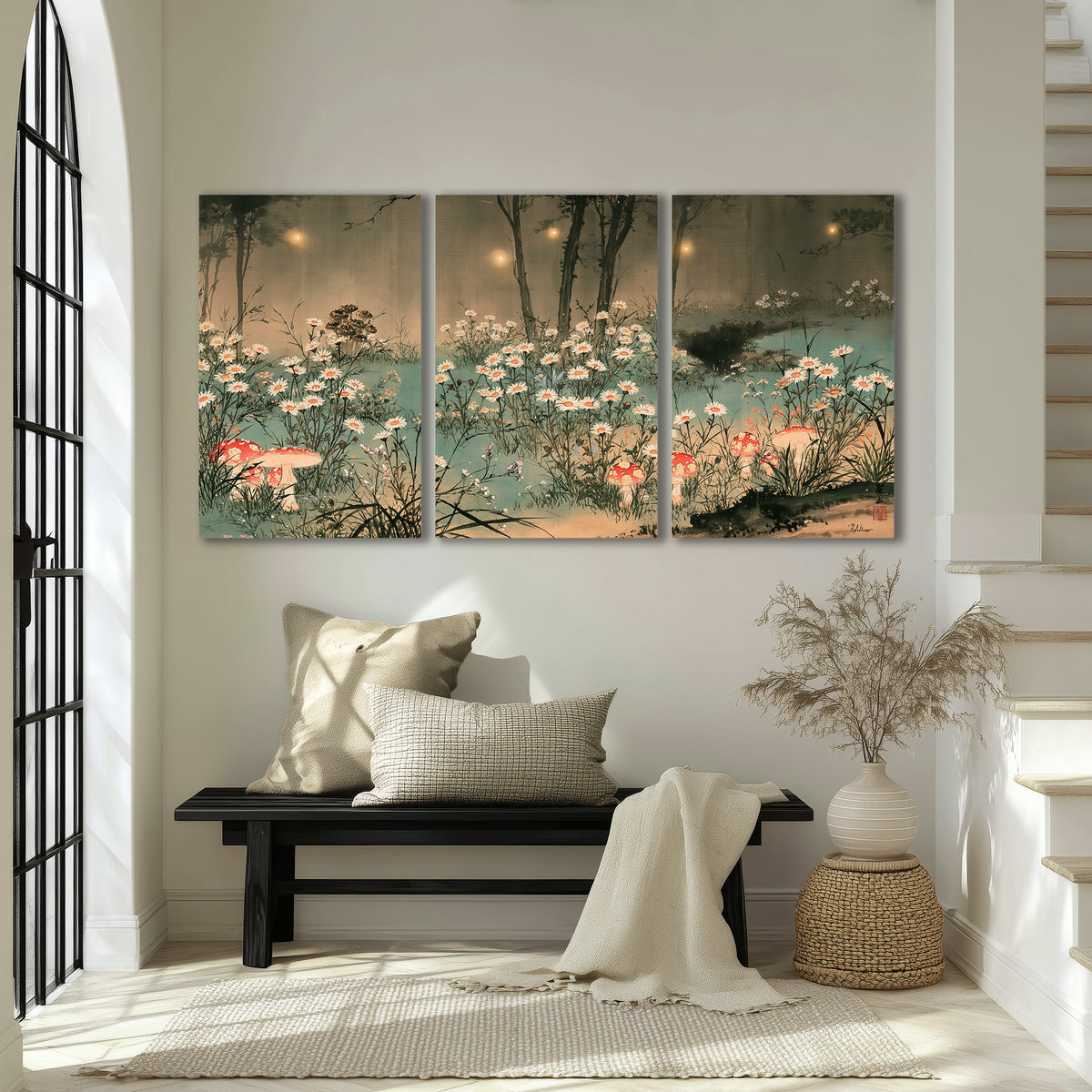 A wide meadow of white daisies and small red mushrooms beneath dark woodland trees 3 piece canvas wall art displayed in a entryway