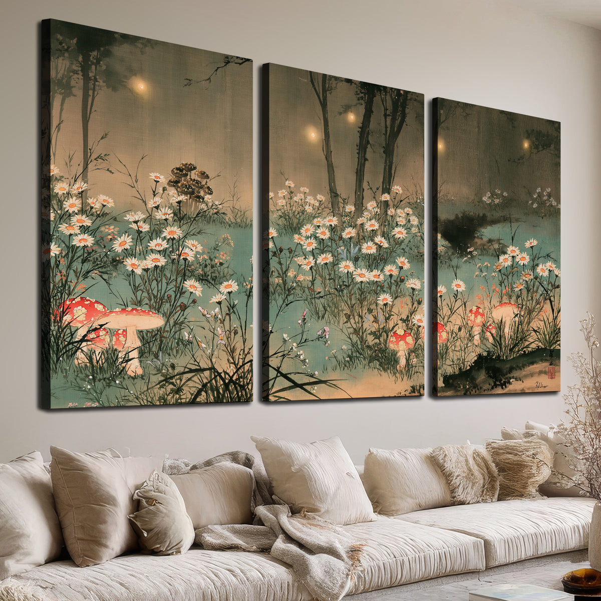A wide meadow of white daisies and small red mushrooms beneath dark woodland trees 3 piece canvas wall art room and product view