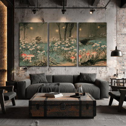 A wide meadow of white daisies and small red mushrooms beneath dark woodland trees 3 piece canvas wall art displayed in a industrial room