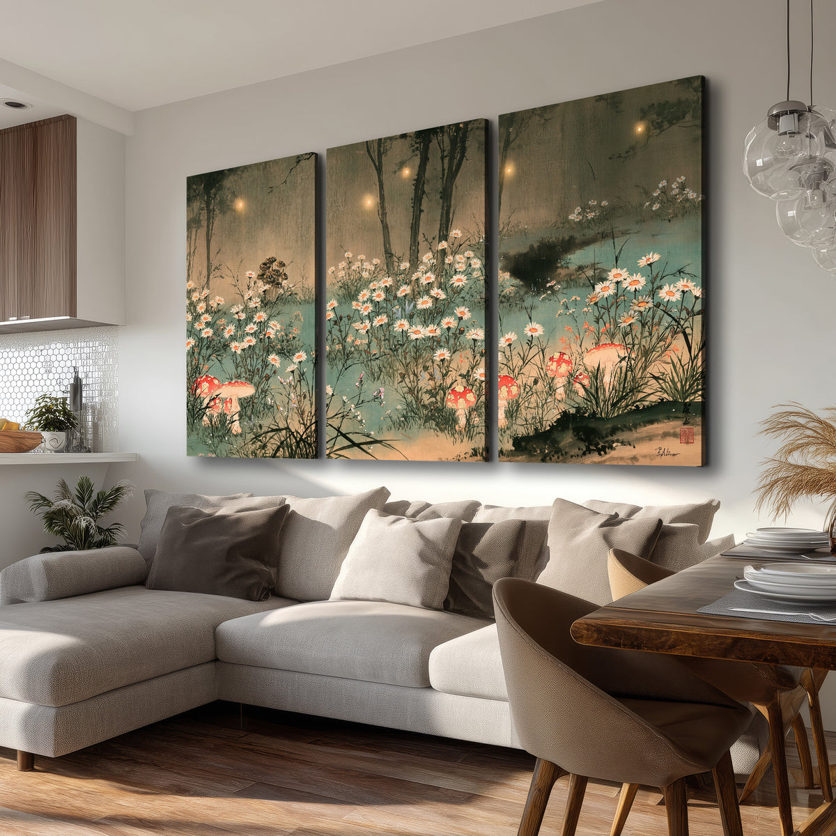 A wide meadow of white daisies and small red mushrooms beneath dark woodland trees 3 piece canvas wall art room and product view