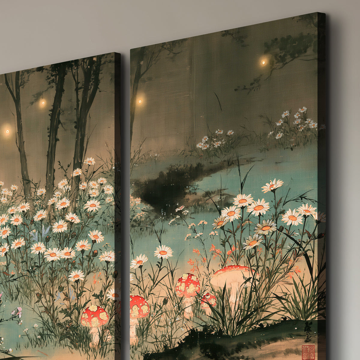 A wide meadow of white daisies and small red mushrooms beneath dark woodland trees 3 piece canvas wall art room and product view