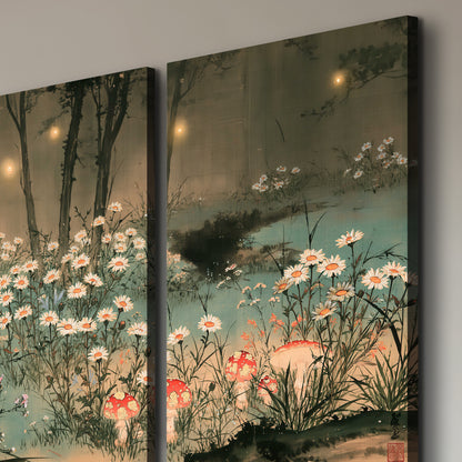 A wide meadow of white daisies and small red mushrooms beneath dark woodland trees 3 piece canvas wall art room and product view