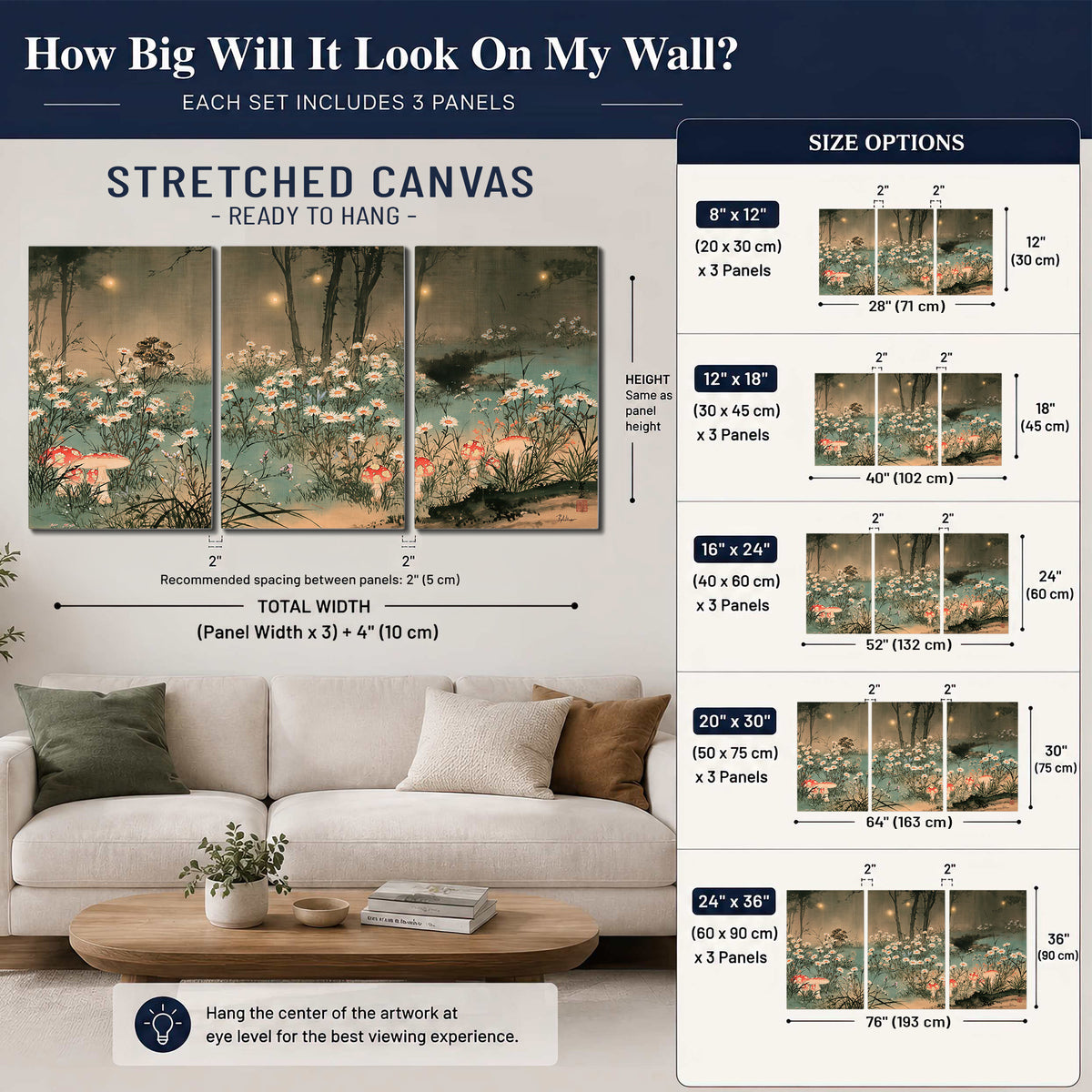 A wide meadow of white daisies and small red mushrooms beneath dark woodland trees 3 piece canvas wall art size guide above a sofa; room view is illustrative