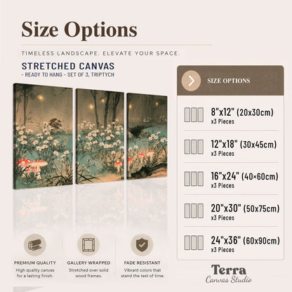 A wide meadow of white daisies and small red mushrooms beneath dark woodland trees 3 piece canvas wall art available dimensions; triptych dimensions are per panel