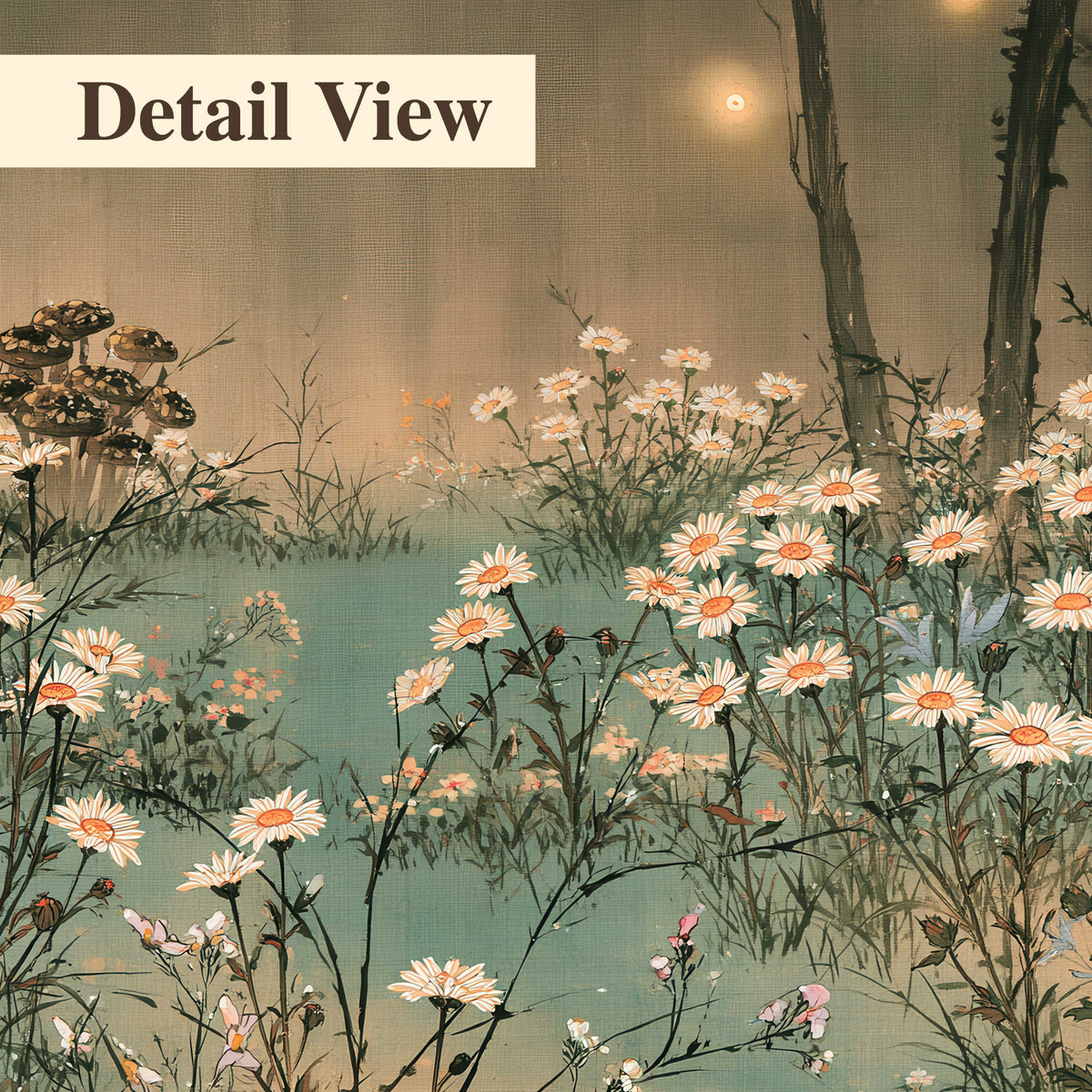 A wide meadow of white daisies and small red mushrooms beneath dark woodland trees 3 piece canvas wall art artwork detail close up