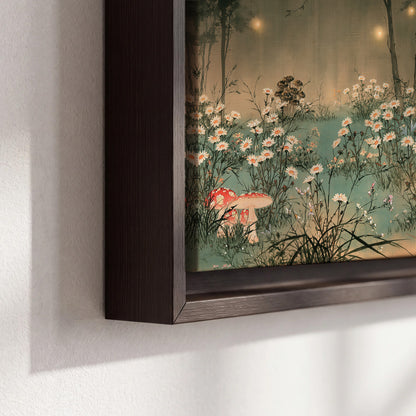 A wide meadow of white daisies and small red mushrooms beneath dark woodland trees 3 piece framed canvas wall art material and edge close up