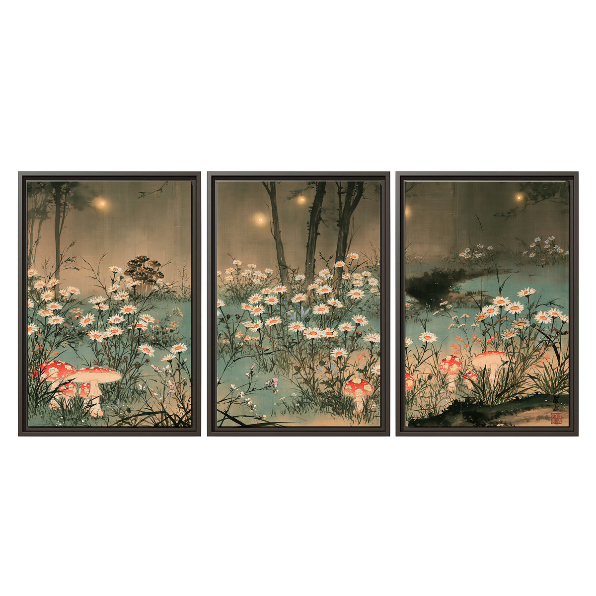 A wide meadow of white daisies and small red mushrooms beneath dark woodland trees 3 piece framed canvas wall art viewed straight on