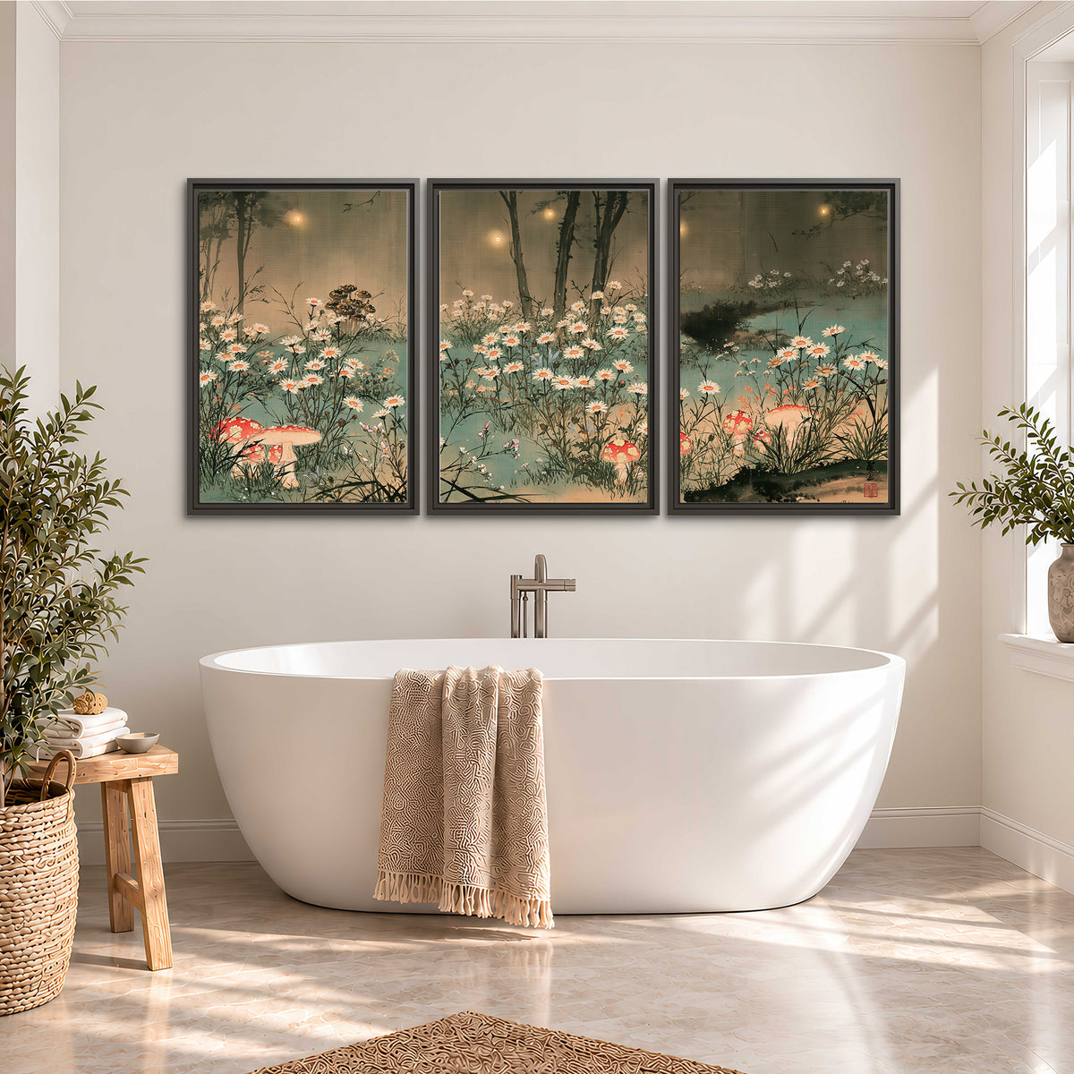A wide meadow of white daisies and small red mushrooms beneath dark woodland trees 3 piece framed canvas wall art styled in an interior