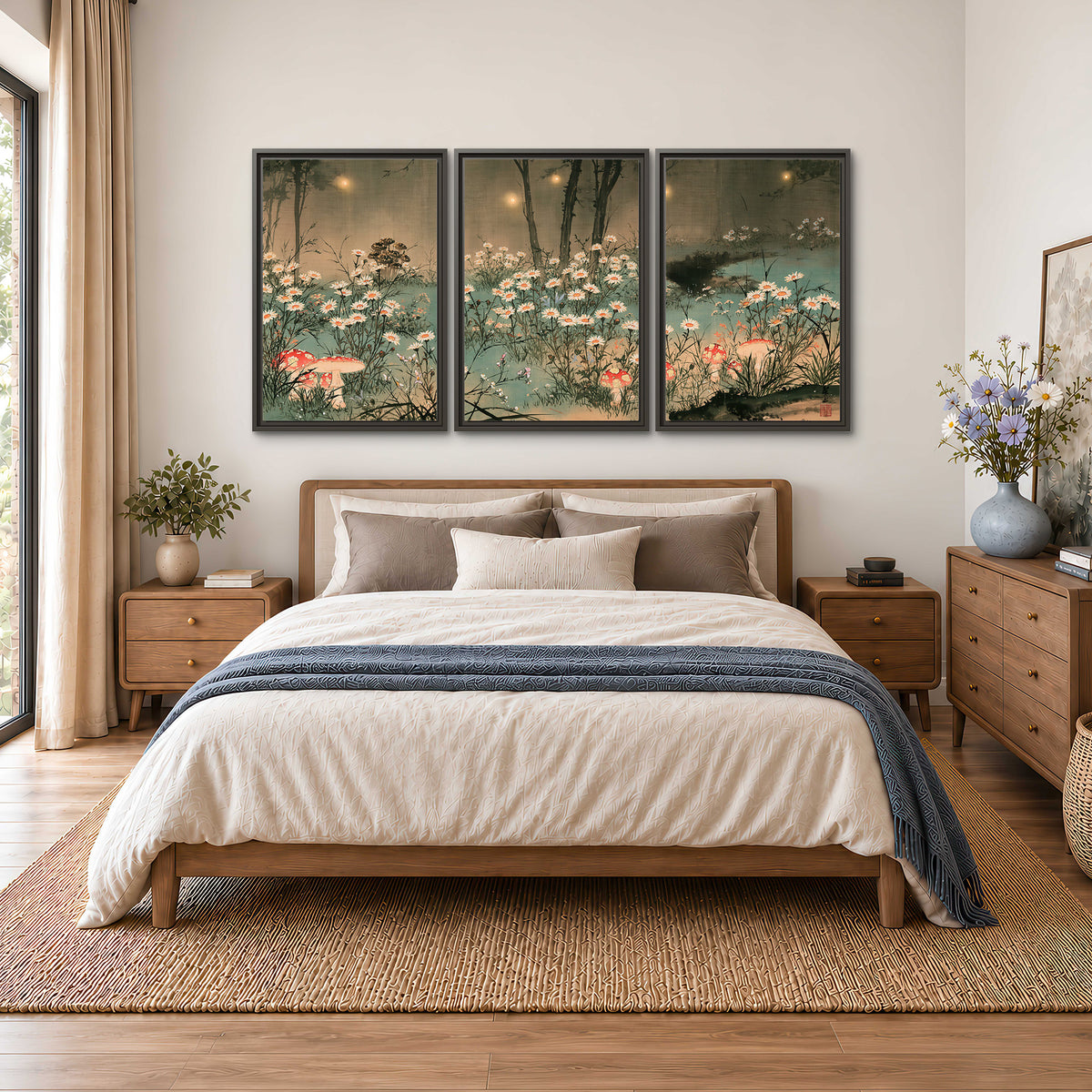 A wide meadow of white daisies and small red mushrooms beneath dark woodland trees 3 piece framed canvas wall art styled in an interior