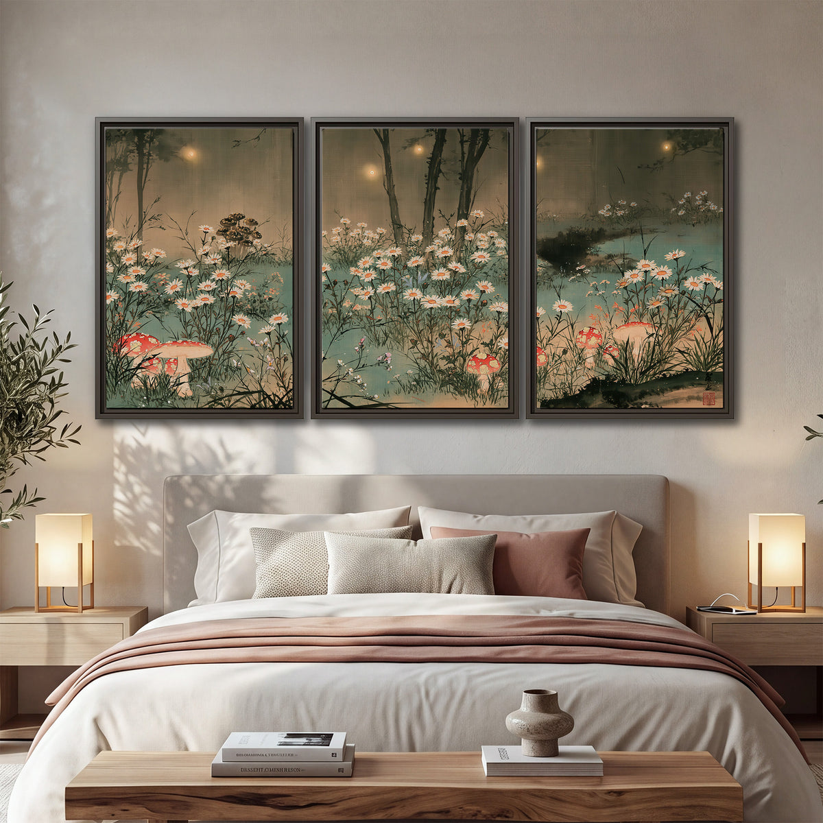 A wide meadow of white daisies and small red mushrooms beneath dark woodland trees 3 piece framed canvas wall art displayed in a bedroom
