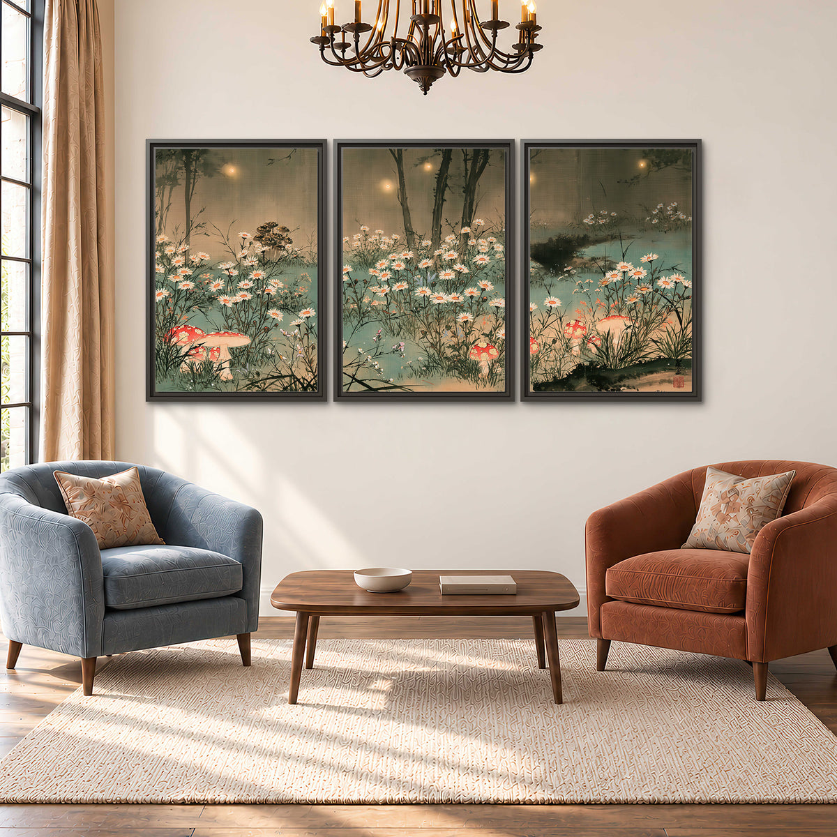 A wide meadow of white daisies and small red mushrooms beneath dark woodland trees 3 piece framed canvas wall art styled in an interior