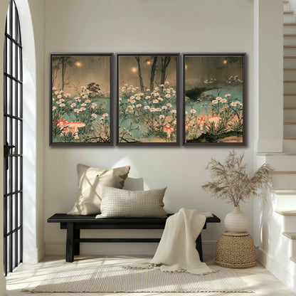 A wide meadow of white daisies and small red mushrooms beneath dark woodland trees 3 piece framed canvas wall art displayed in a entryway