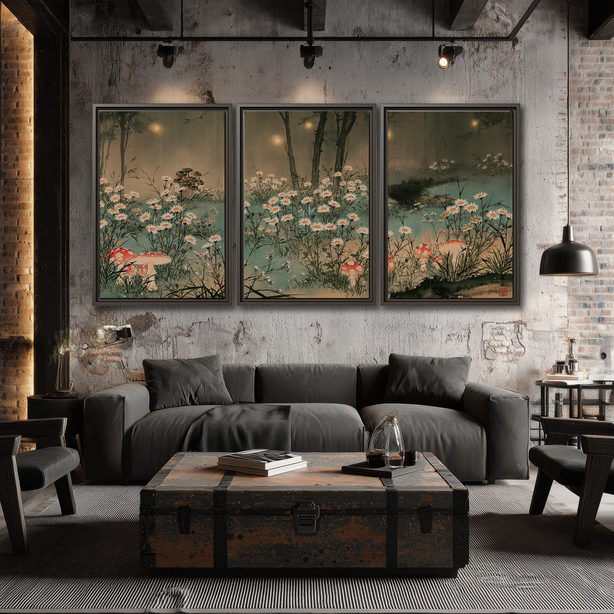 A wide meadow of white daisies and small red mushrooms beneath dark woodland trees 3 piece framed canvas wall art displayed in a industrial room
