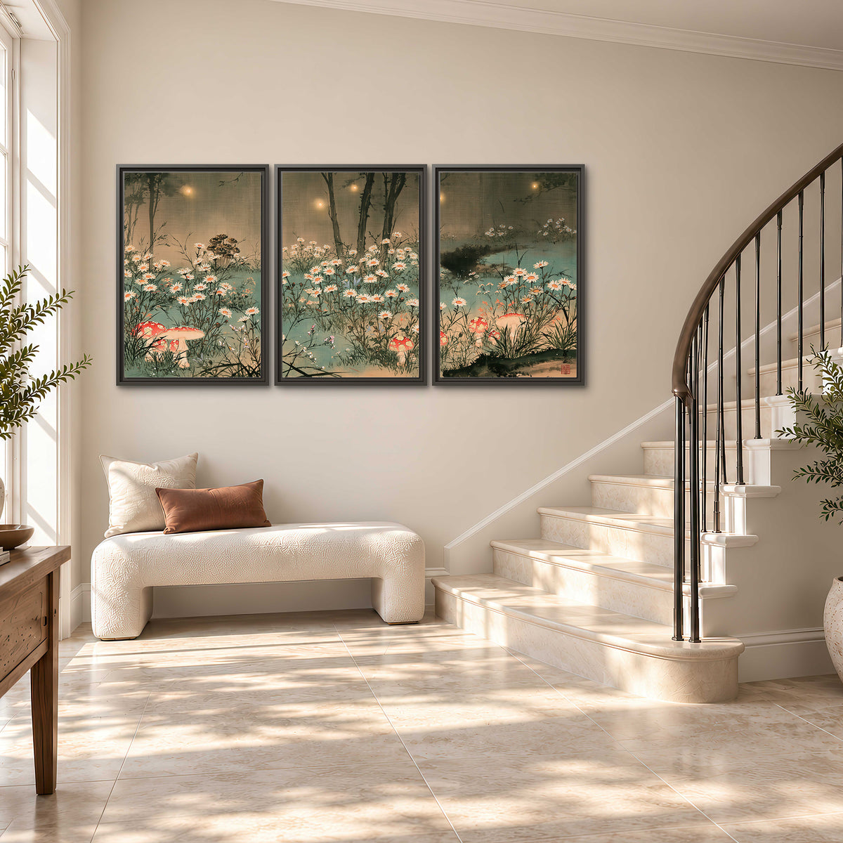 A wide meadow of white daisies and small red mushrooms beneath dark woodland trees 3 piece framed canvas wall art styled in an interior