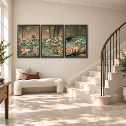 A wide meadow of white daisies and small red mushrooms beneath dark woodland trees 3 piece framed canvas wall art styled in an interior