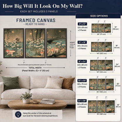 A wide meadow of white daisies and small red mushrooms beneath dark woodland trees 3 piece framed canvas wall art size guide above a sofa; room view is illustrative
