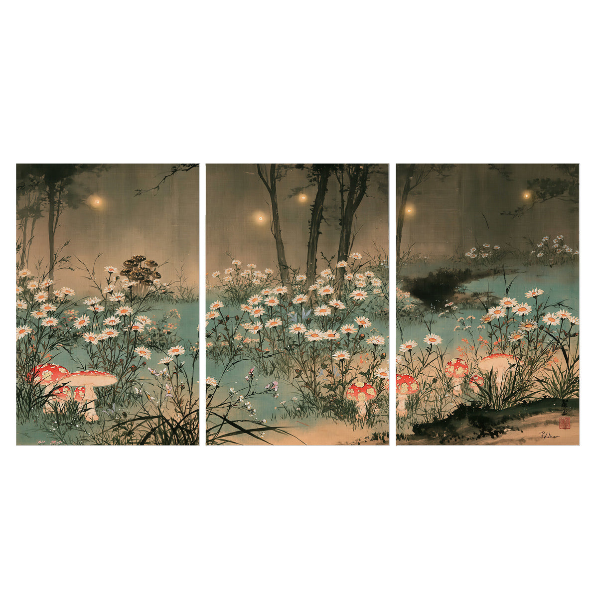 A wide meadow of white daisies and small red mushrooms beneath dark woodland trees set of 3 poster prints viewed straight on