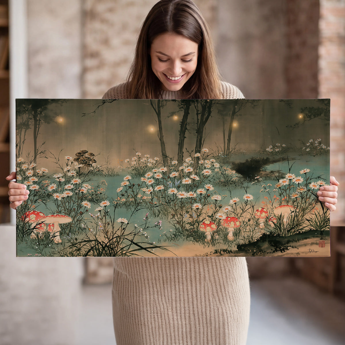 A wide meadow of white daisies and small red mushrooms beneath dark woodland trees single canvas wall art held in hands