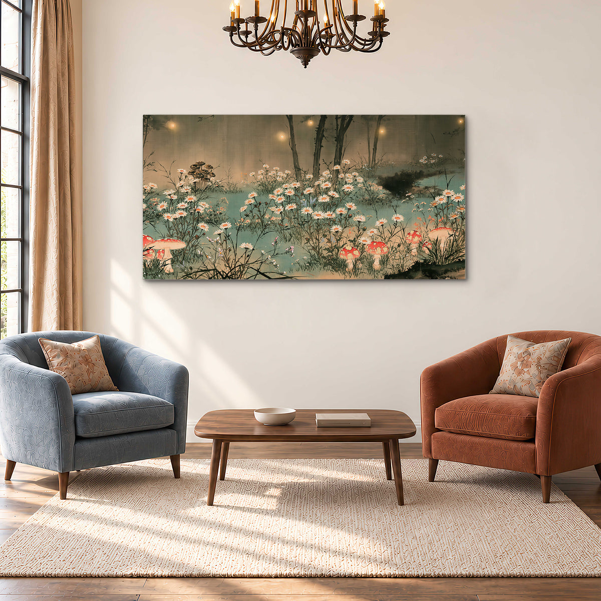 A wide meadow of white daisies and small red mushrooms beneath dark woodland trees single canvas wall art styled in an interior