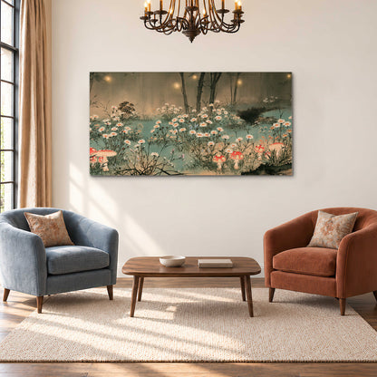 A wide meadow of white daisies and small red mushrooms beneath dark woodland trees single canvas wall art styled in an interior