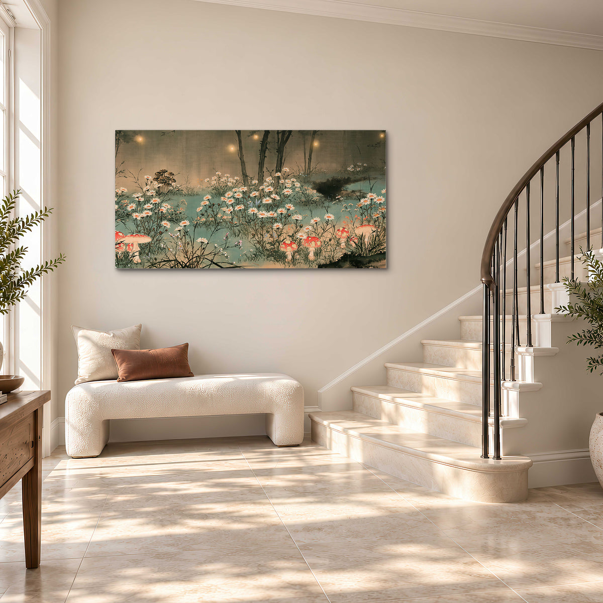 A wide meadow of white daisies and small red mushrooms beneath dark woodland trees single canvas wall art styled in an interior