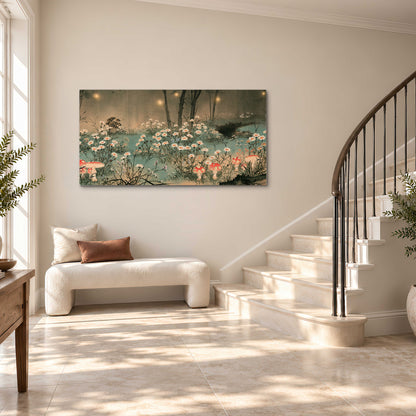 A wide meadow of white daisies and small red mushrooms beneath dark woodland trees single canvas wall art styled in an interior