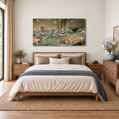 A wide meadow of white daisies and small red mushrooms beneath dark woodland trees single canvas wall art styled in an interior