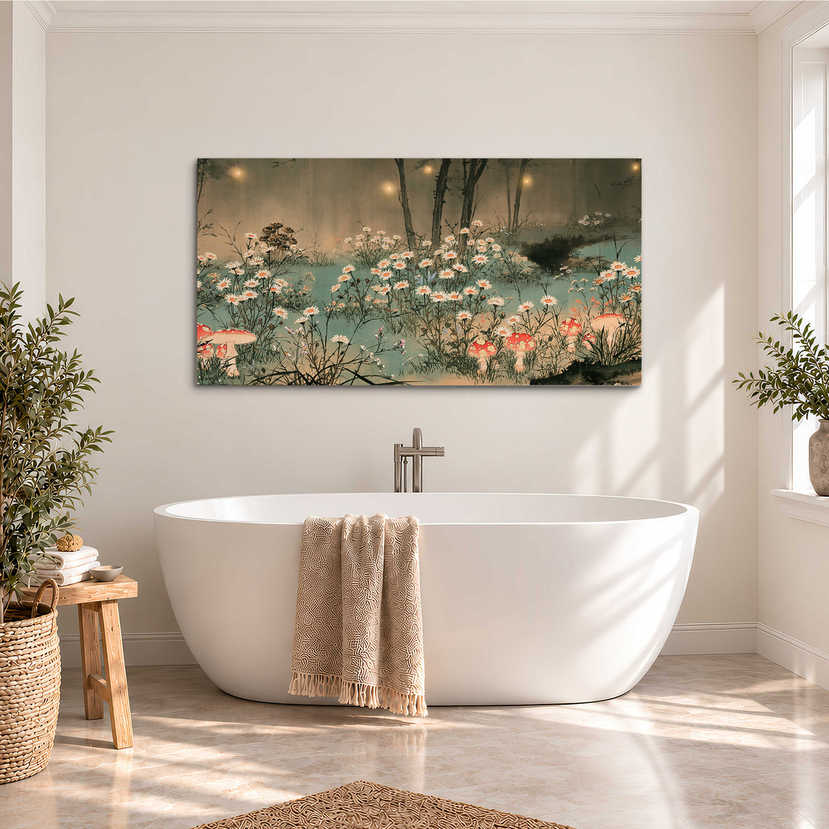 A wide meadow of white daisies and small red mushrooms beneath dark woodland trees single canvas wall art styled in an interior