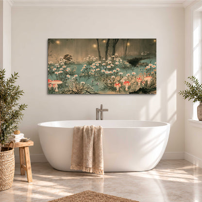 A wide meadow of white daisies and small red mushrooms beneath dark woodland trees single canvas wall art styled in an interior
