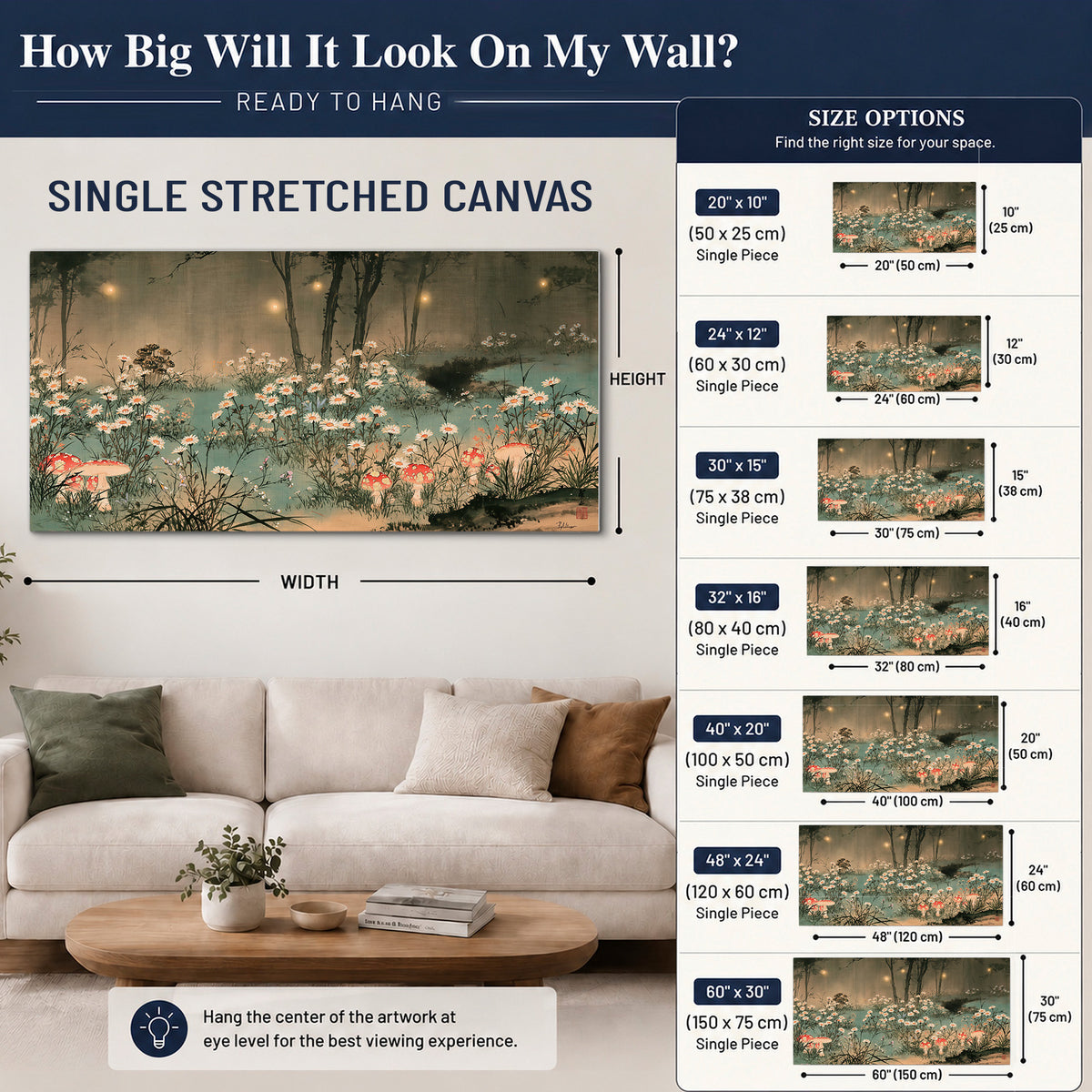 A wide meadow of white daisies and small red mushrooms beneath dark woodland trees single canvas wall art size guide above a sofa; room view is illustrative