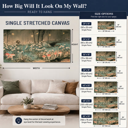 A wide meadow of white daisies and small red mushrooms beneath dark woodland trees single canvas wall art size guide above a sofa; room view is illustrative