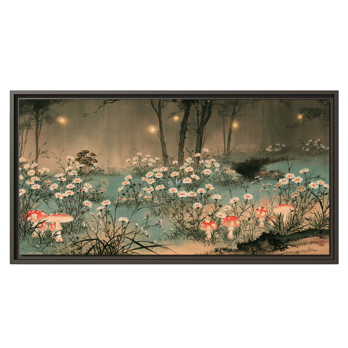 A wide meadow of white daisies and small red mushrooms beneath dark woodland trees single framed canvas wall art viewed straight on