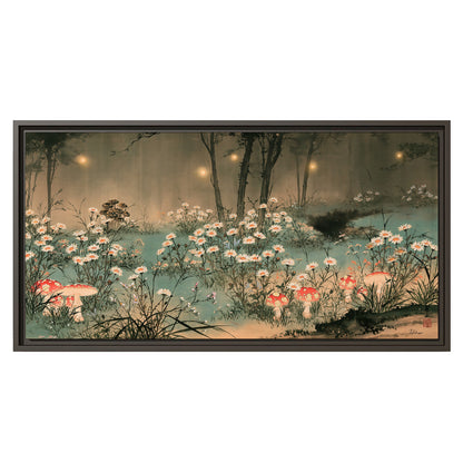 A wide meadow of white daisies and small red mushrooms beneath dark woodland trees single framed canvas wall art viewed straight on