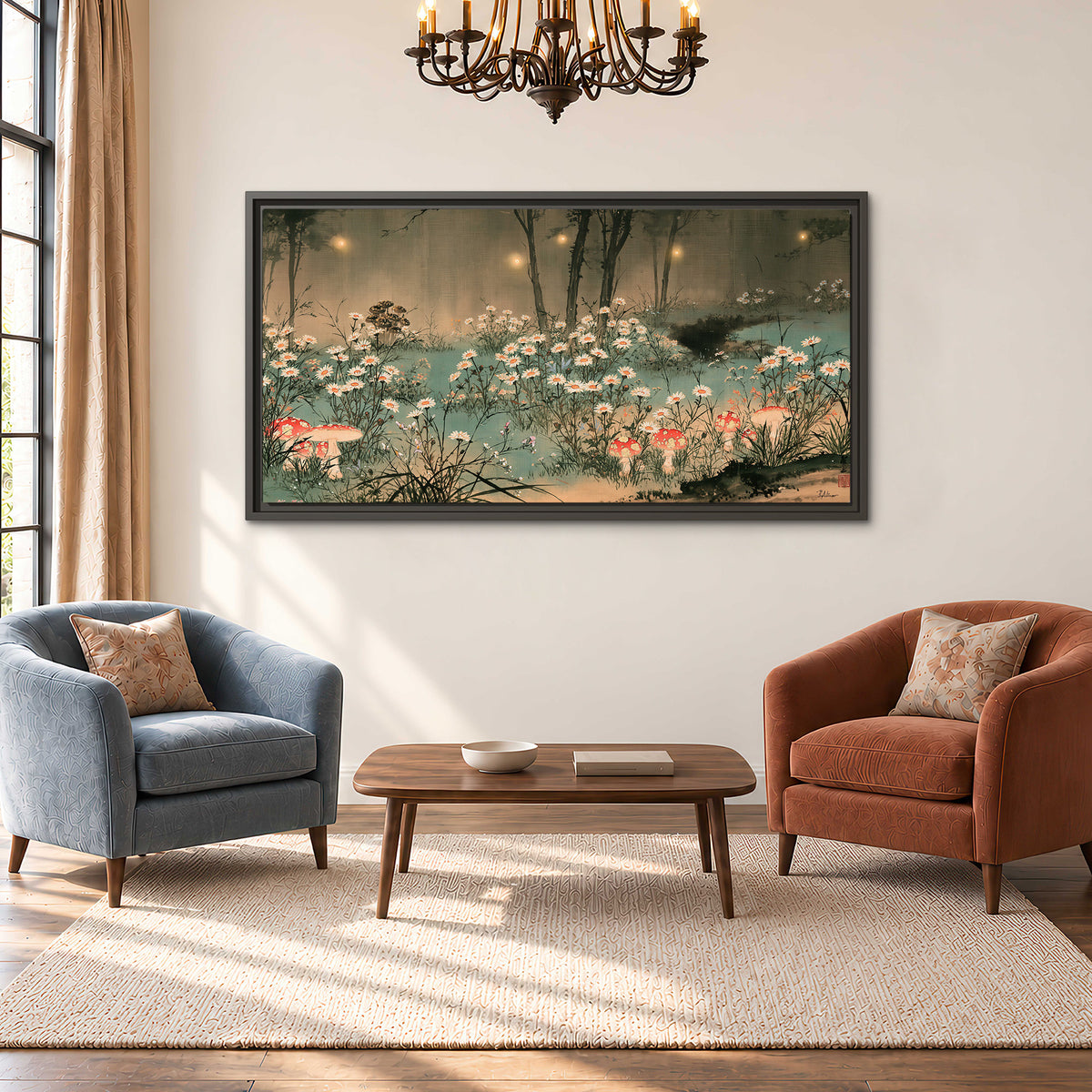 A wide meadow of white daisies and small red mushrooms beneath dark woodland trees single framed canvas wall art styled in an interior