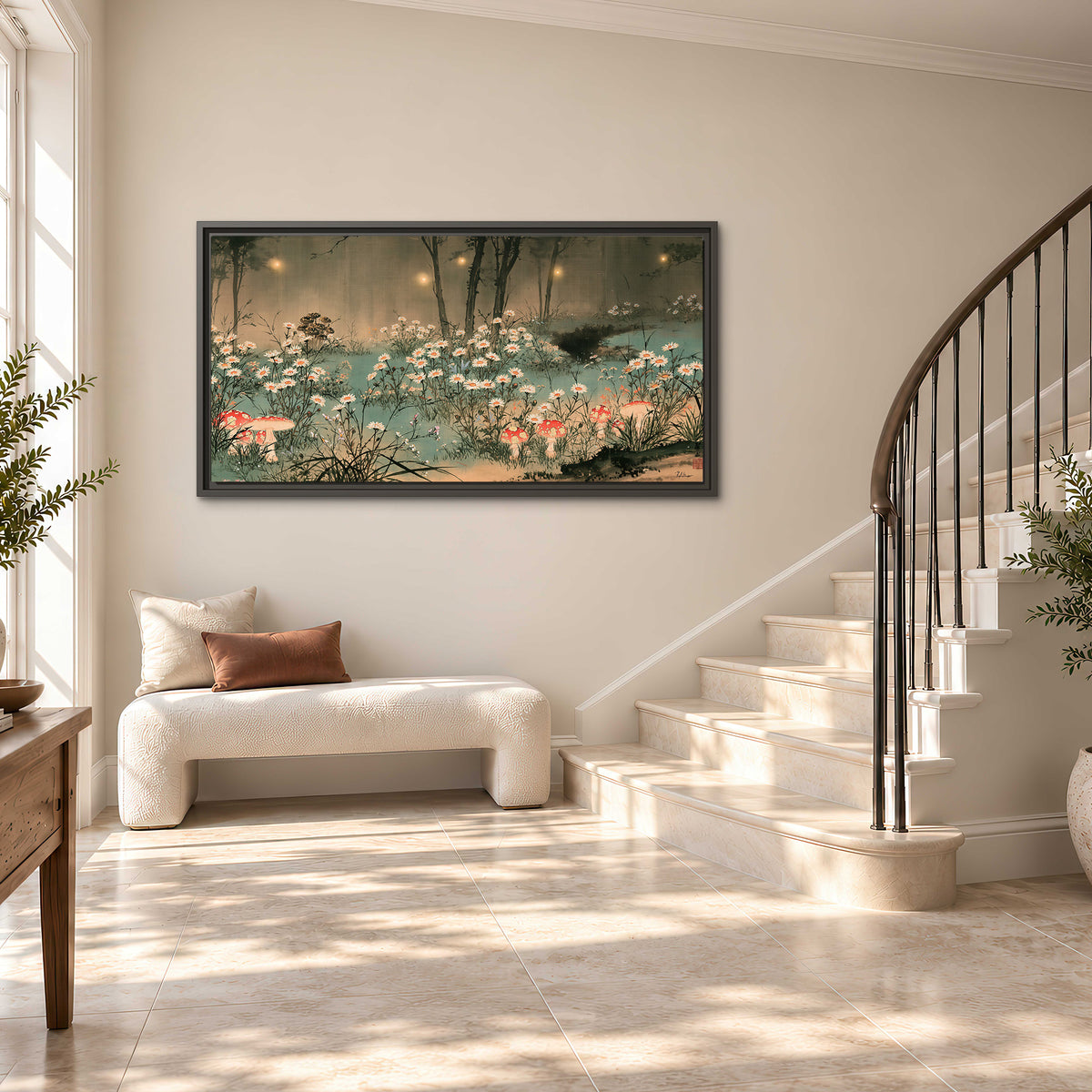 A wide meadow of white daisies and small red mushrooms beneath dark woodland trees single framed canvas wall art styled in an interior