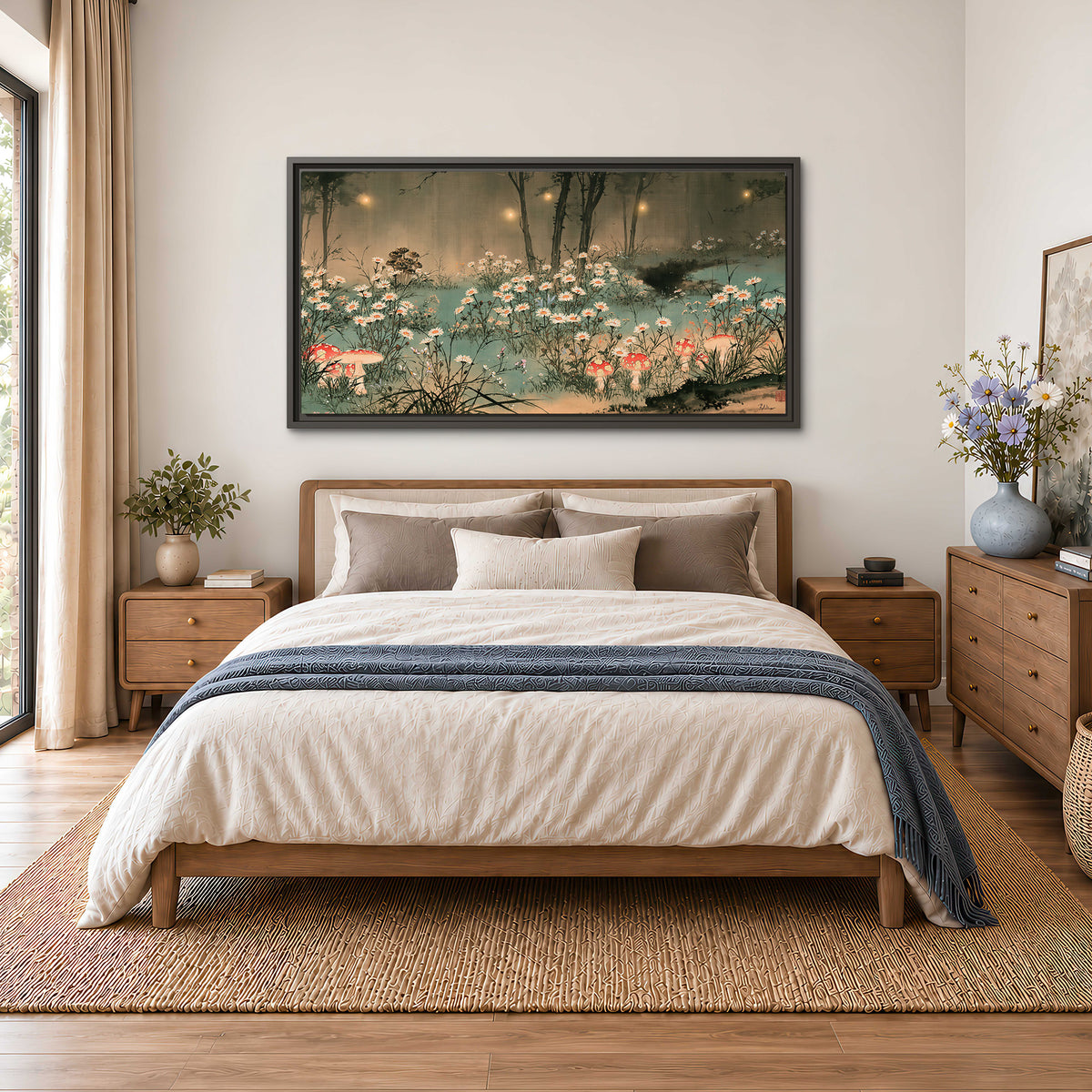 A wide meadow of white daisies and small red mushrooms beneath dark woodland trees single framed canvas wall art styled in an interior