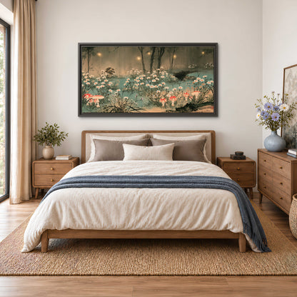 A wide meadow of white daisies and small red mushrooms beneath dark woodland trees single framed canvas wall art styled in an interior